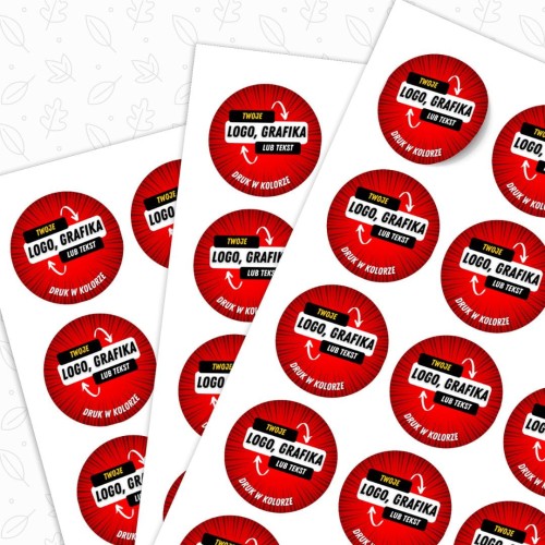 Arkusz A4 z okrągłymi naklejkami Ø 40, 60  mm, kolorowe tło, pełnokolorowy nadruk Twojego logo lub tekstu