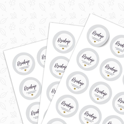 Arkusz A4, 24 szare naklejki Ø 40 mm „Dziękuję za wsparcie”