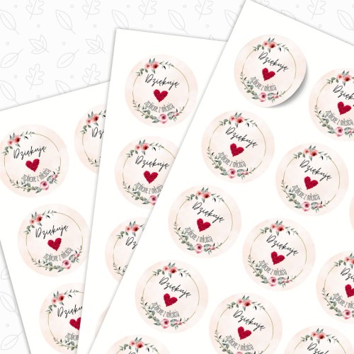 Arkusz A4, 24 szare naklejki Ø 40 mm „Dziękuję, zrobiono z miłością”, serce z kwiatów