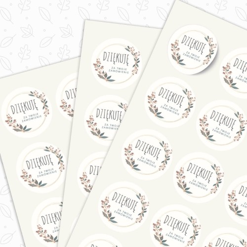 Arkusz A4, 24 naklejki Ø 40 mm „Dziękuję za zamówienie” z listkami, papier mat