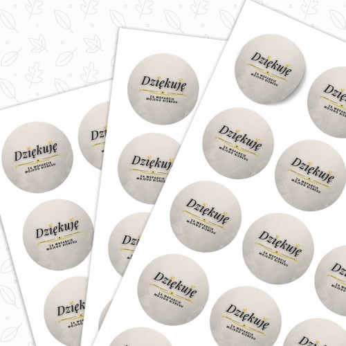 Arkusz A4, 24 szare naklejki Ø 40 mm „Dziękuję za wsparcie”, złoty napis