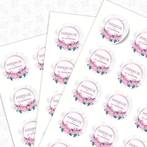 Arkusz A4, 24 kwiatowe naklejki Ø 40 mm „Dziękuję za zamówienie”, papier mat
