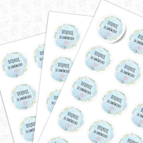 Arkusz A4, 24 naklejek Ø 40 mm „Dziękuję za zamówienie”, listki i serce, papier połysk