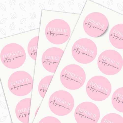 Arkusz A4, 24 różowych naklejek Ø 40 mm „Dziękuję za zamówienie”, papier mat