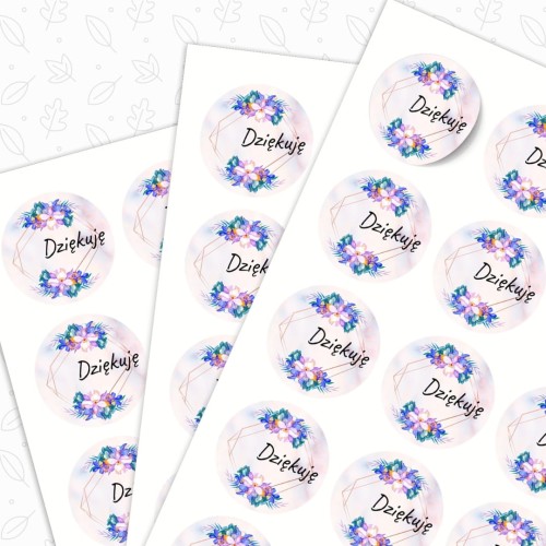 Arkusz A4, 24 naklejki Ø 40 mm „Dziękuję” z niebieskimi kwiatami, papier mat
