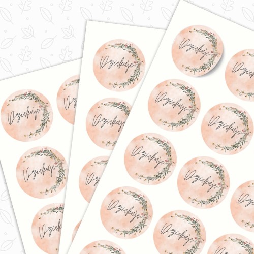 Arkusz A4, 24 naklejek Ø 40 mm „Dziękuję” z motywem listków, papier mat