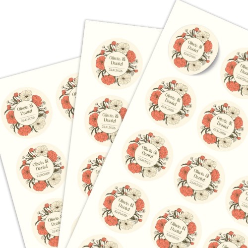 Arkusz A4 okrągłymi naklejkami ślubnymi, motyw maków, personalizacja imion.jpg