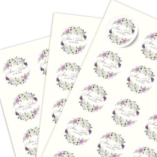 Arkusz A4 okrągłymi naklejkami ślubnymi, motyw eleganckiego wianka, personalizacja imion.jpg
