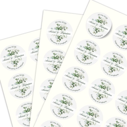Arkusz A4 okrągłymi naklejkami ślubnymi, motyw zielonych listków, personalizacja imion.jpg