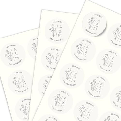 Arkusz A4 okrągłymi naklejkami ślubnymi, motyw tulipanów, personalizacja imion.jpg