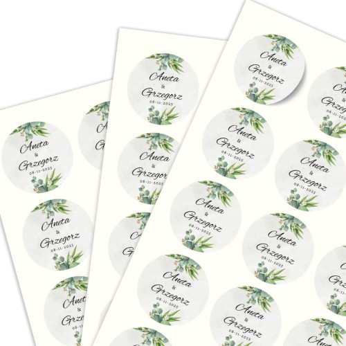 Arkusz A4 okrągłymi naklejkami ślubnymi, motyw zielonych liści, personalizacja imion.jpg
