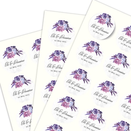 Arkusz A4 okrągłymi naklejkami ślubnymi, motyw hortensji, personalizacja imion.jpg