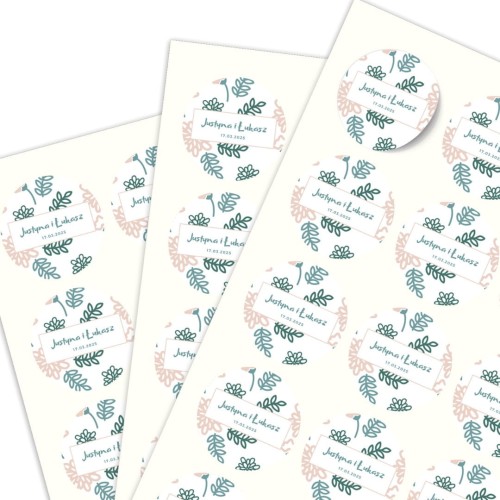 Arkusz A4 okrągłymi naklejkami ślubnymi, motyw gałązek i kwiatków, personalizacja imion.jpg