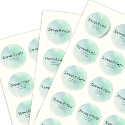 Arkusz A4 okrągłymi naklejkami ślubnymi, motyw wody, personalizacja imion.jpg