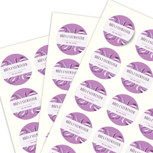 Arkusz A4 okrągłymi naklejkami ślubnymi, motyw fioletowego wzorka, personalizacja imion.jpg