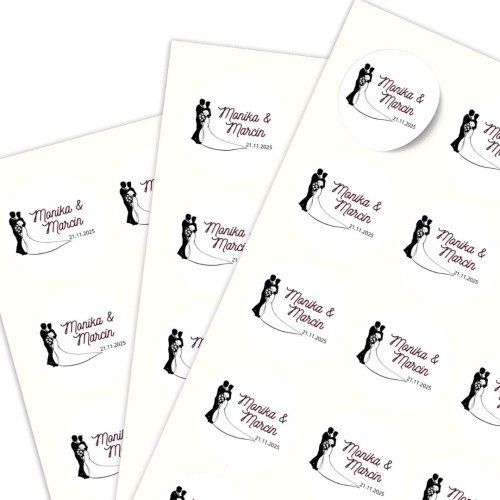Arkusz A4 okrągłymi naklejkami ślubnymi, motyw młodej pary, personalizacja imion.jpg