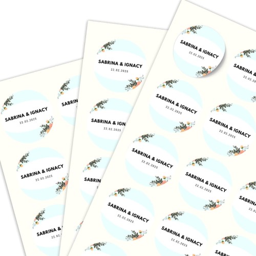 Arkusz A4 okrągłymi naklejkami ślubnymi, motyw nieba i kwiatków, personalizacja imion.jpg