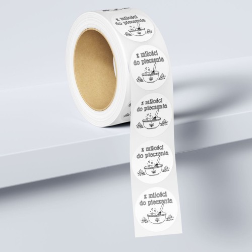 Rolka z okrągłymi naklejkami, z napisem "Z MIŁOŚCI DO PIECZENIA".jpg