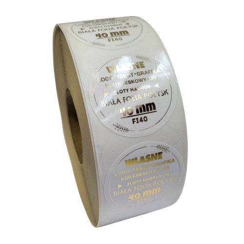 Okrągła naklejka, złoty nadruk na białej folii,  Ø 40 mm, rolka