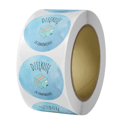 Naklejka Ø 50 mm, napis „Dziękuję za zamówienie” na niebieskim tle z grafiką paczki na dole, rolka