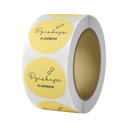 Naklejka Ø 50 mm, napis „Dziękuję za zamówienie”, tło żółte, rolka
