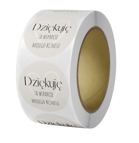 Naklejka Ø 50 mm, napis „Dziękuję za wsparcie mojego biznesu”, tło szare, rolka