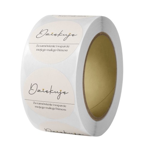 Naklejka Ø 50 mm, napis „Dziękuję”, tło beżowe, rolka
