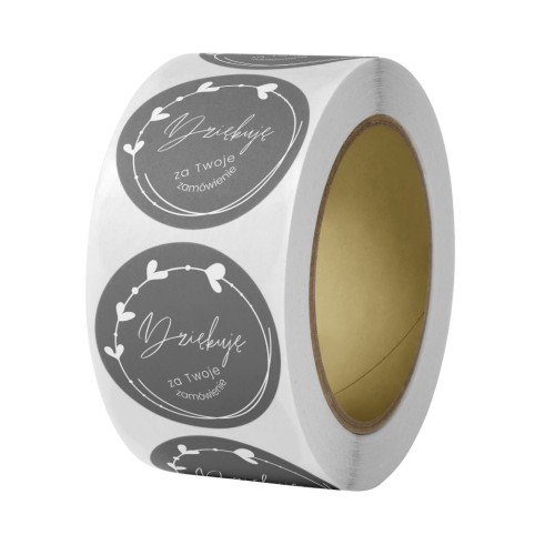 Naklejka Ø 50 mm, napis „Dziękuję za Twoje zamówienie”, tło ciemnoszare, rolka