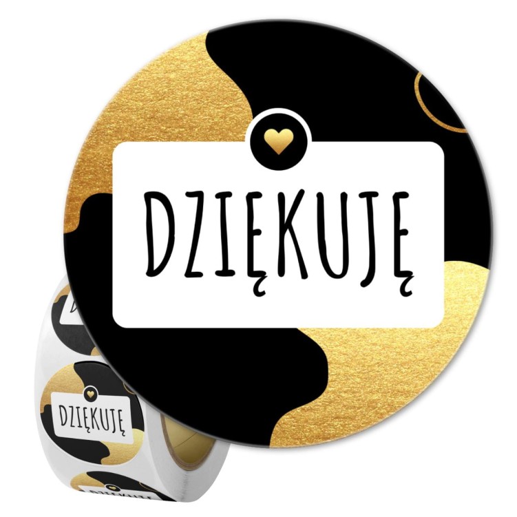 Naklejka Ø 50 mm, napis „Dziękuję”, tło czarne w złote łatki