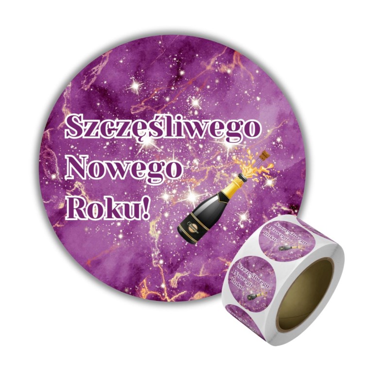 Naklejka Ø 50 mm, napis „Szczęśliwego nowego roku”, motyw Fioletowy z szampanem