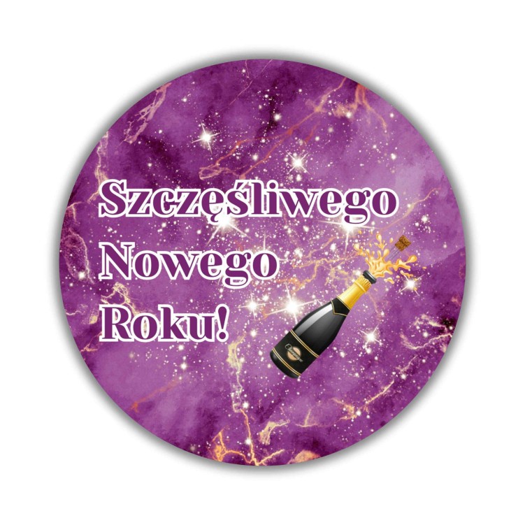 Naklejka Ø 50 mm, napis „Szczęśliwego nowego roku”, motyw Fioletowy z szampanem, naklejka