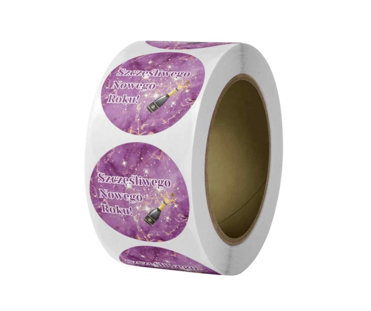 Naklejka Ø 50 mm, napis „Szczęśliwego nowego roku”, motyw Fioletowy z szampanem, rolka