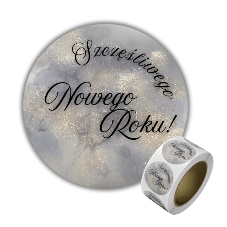 Naklejka Ø 50 mm, napis „Szczęśliwego nowego roku”, motyw szary ze złotymi akcentami