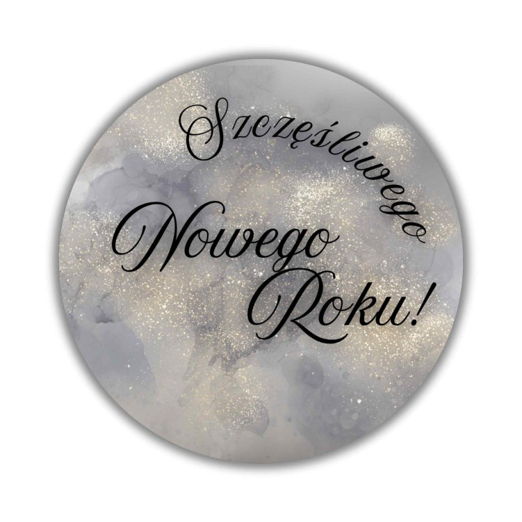Naklejka Ø 50 mm, napis „Szczęśliwego nowego roku”, motyw szary ze złotymi akcentami, naklejka