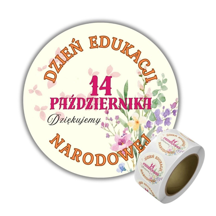 Naklejka Ø 50 mm, napis „Dzień Edukacji Narodowej", motyw kwiatki