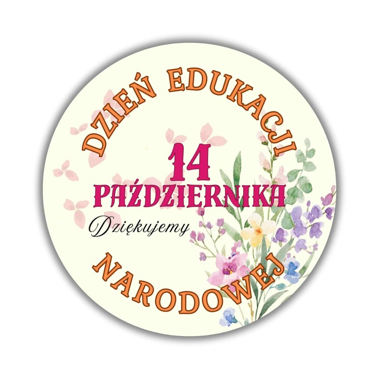 Naklejka Ø 50 mm, napis „Dzień Edukacji Narodowej", motyw kwiatki, naklejka