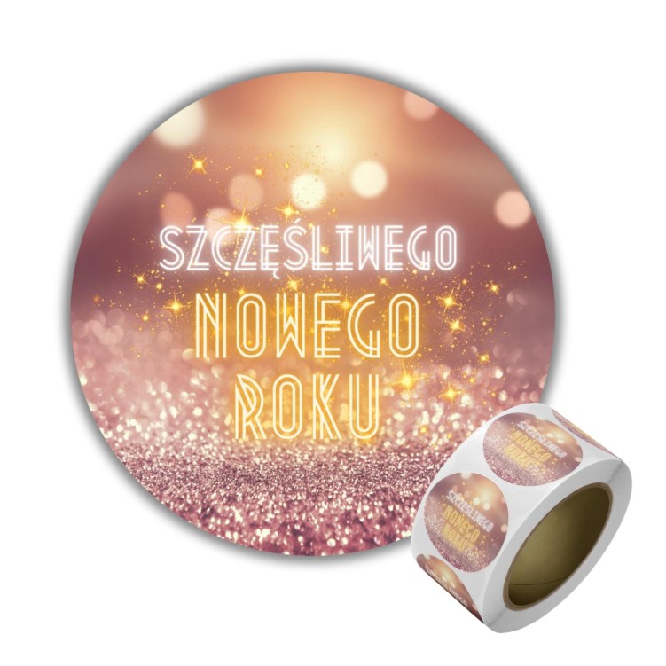 Naklejka Ø 50 mm, napis „Szczęśliwego nowego roku”, motyw neon