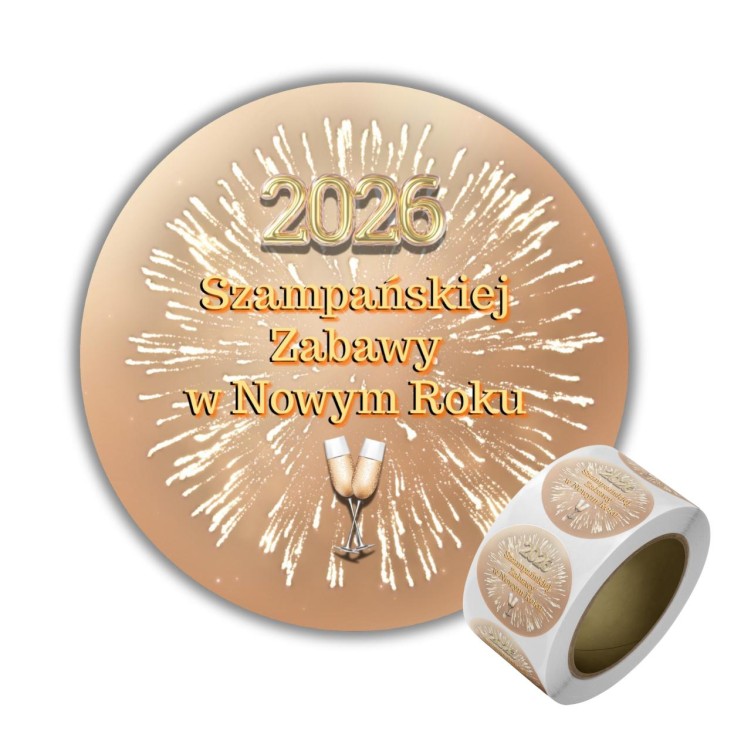 Naklejka Ø 50 mm, napis „Szampańskiej Zabawy w Nowym Roku", motyw szampany
