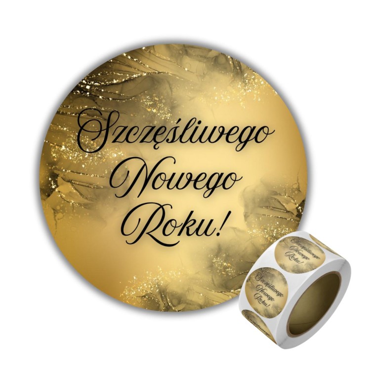Naklejka Ø 50 mm, napis „Szczęśliwego nowego roku”, motyw złoty