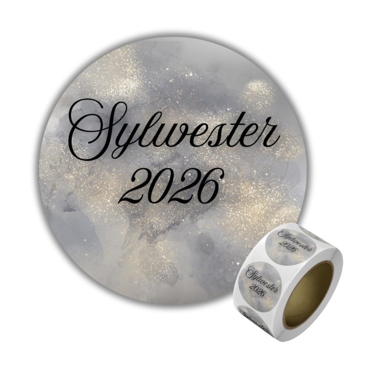 Naklejka Ø 50 mm, napis „Sylwester 2026”, motyw srebrny