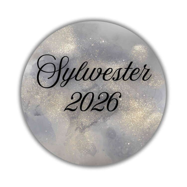 Naklejka Ø 50 mm, napis „Sylwester 2026”, motyw srebrny, naklejka