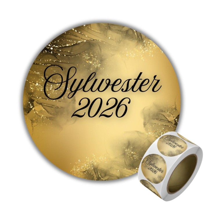Naklejka Ø 50 mm, napis „Sylwester 2026”, motyw złoty
