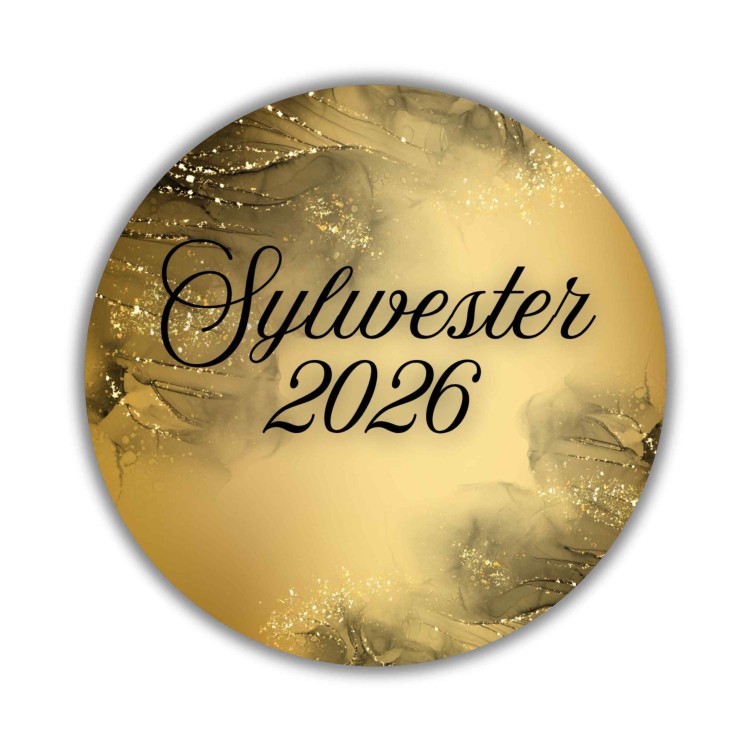 Naklejka Ø 50 mm, napis „Sylwester 2026”, motyw złoty, naklejka