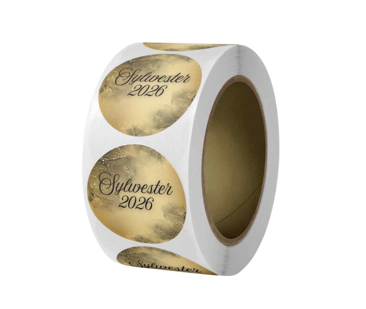 Naklejka Ø 50 mm, napis „Sylwester 2026”, motyw złoty, rolka