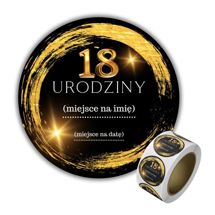 Naklejka Ø 50 mm, napis „18 urodziny”, motyw czarno-złoty