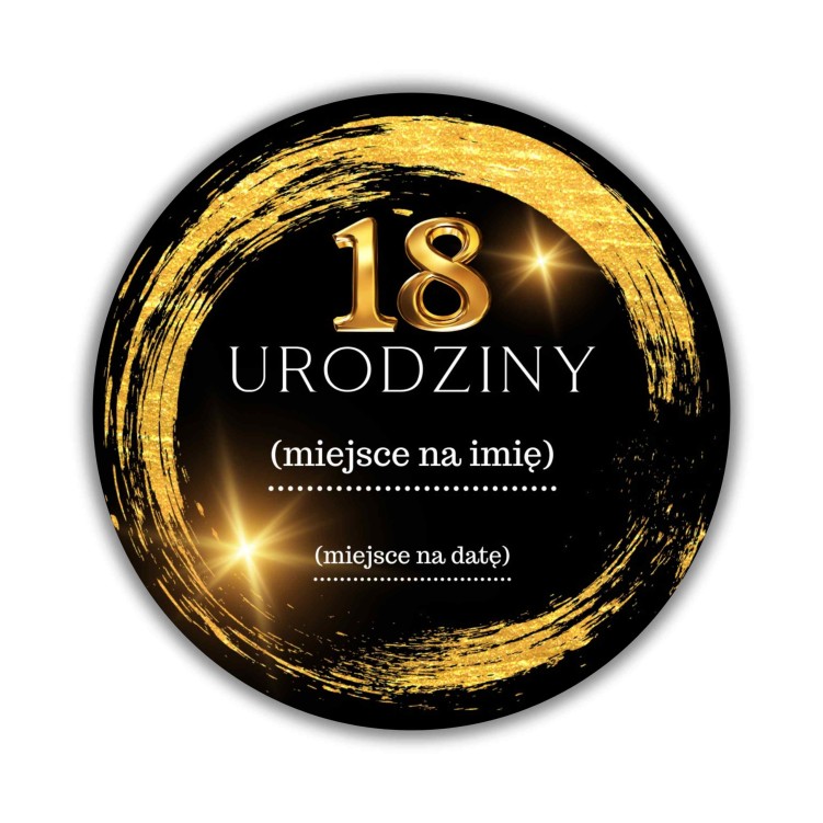 Naklejka Ø 50 mm, napis „18 urodziny”, motyw czarno-złoty, naklejka