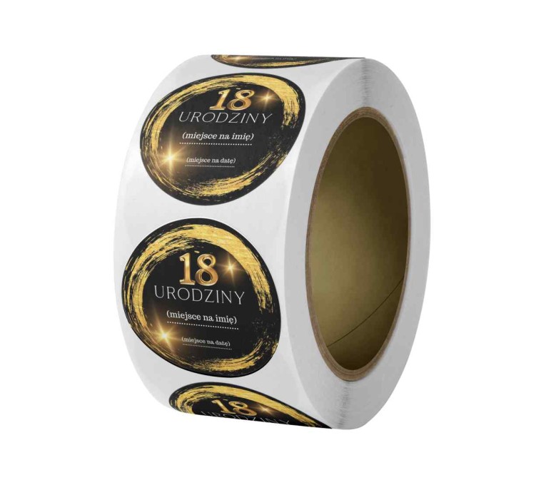 Naklejka Ø 50 mm, napis „18 urodziny”, motyw czarno-złoty, rolka