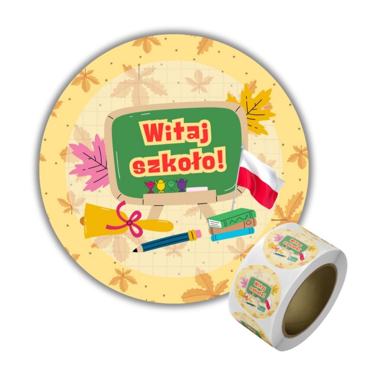 Naklejka Ø 50 mm, napis „Witaj Szkoło”, motyw tablica