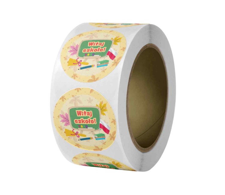 Naklejka Ø 50 mm, napis „Witaj Szkoło”, motyw tablica, rolka