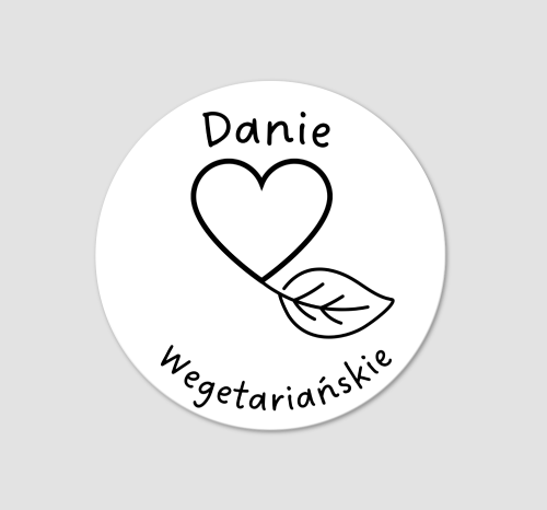 Naklejka Ø 50 mm, Napis "Danie wegetariańskie" z sercem i listkiem